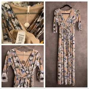 Pink Blush V Neck Blue and White Floral Maxi Dress